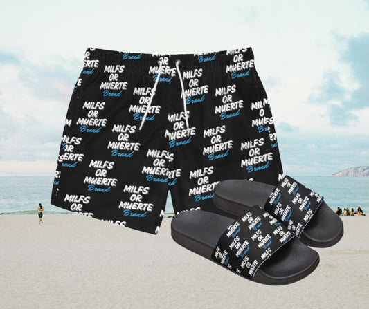 Men's Blue print Swim Trunks & Tag Style Sandals Bundle By Milfs Or Muerte