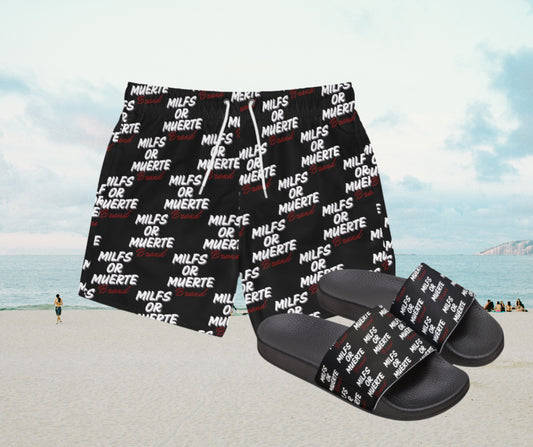 Men's Red print Swim Trunks & Tag Style Sandals Bundle By Milfs Or Muerte