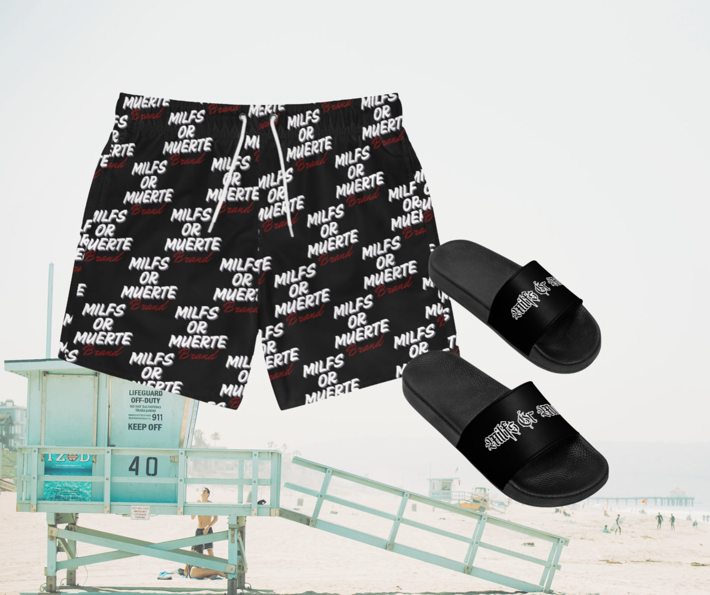 Men's Swim Trunks & Sandals bundle -Red Print/Tag Style slides