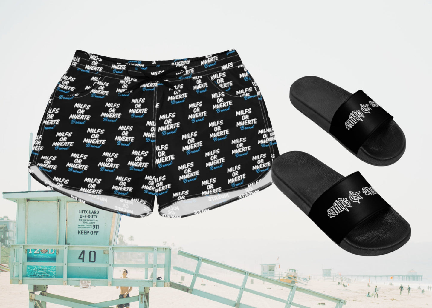 Women's Swim Trunks & Sandals Bundle -Blue Print Shorts/Tag Style Sandals