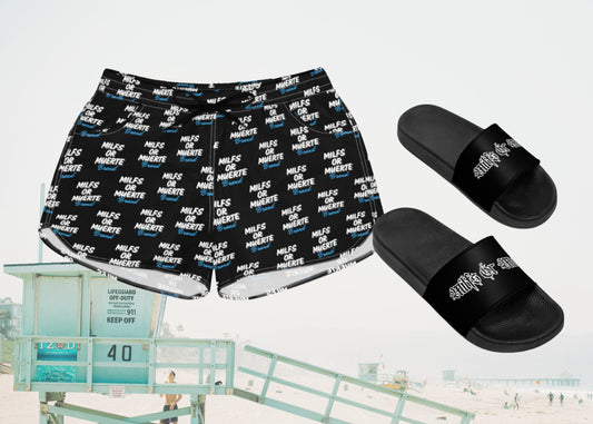 Women's Swim Trunks & Sandals Bundle -Blue Print Shorts/Tag Style Sandals