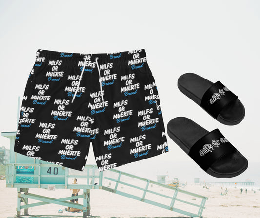Men's Swim Trunks & Sandals Bundle -Blue Print Trunks/Tag Style Sandals
